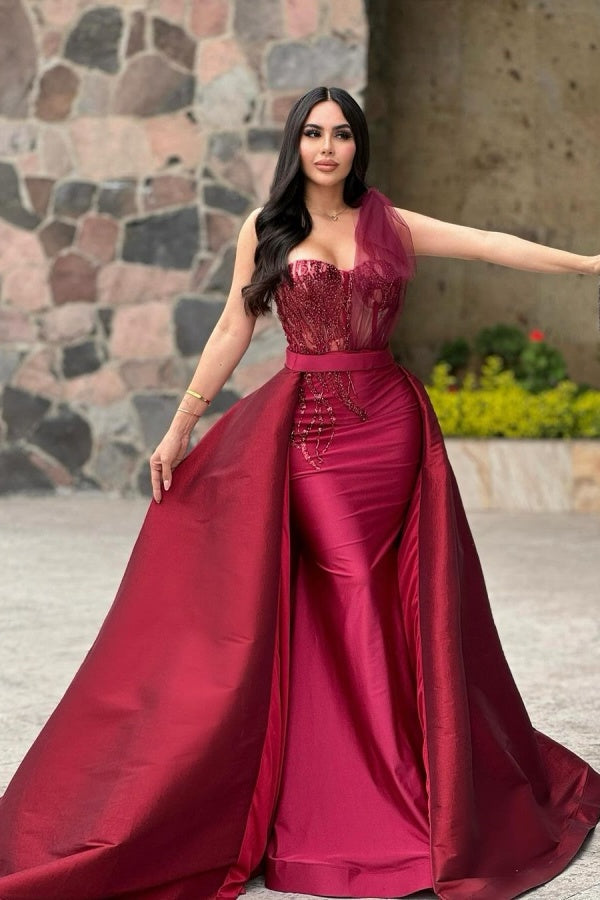 Red Long A-Line Prom Dress with Sequin Beads BM bride