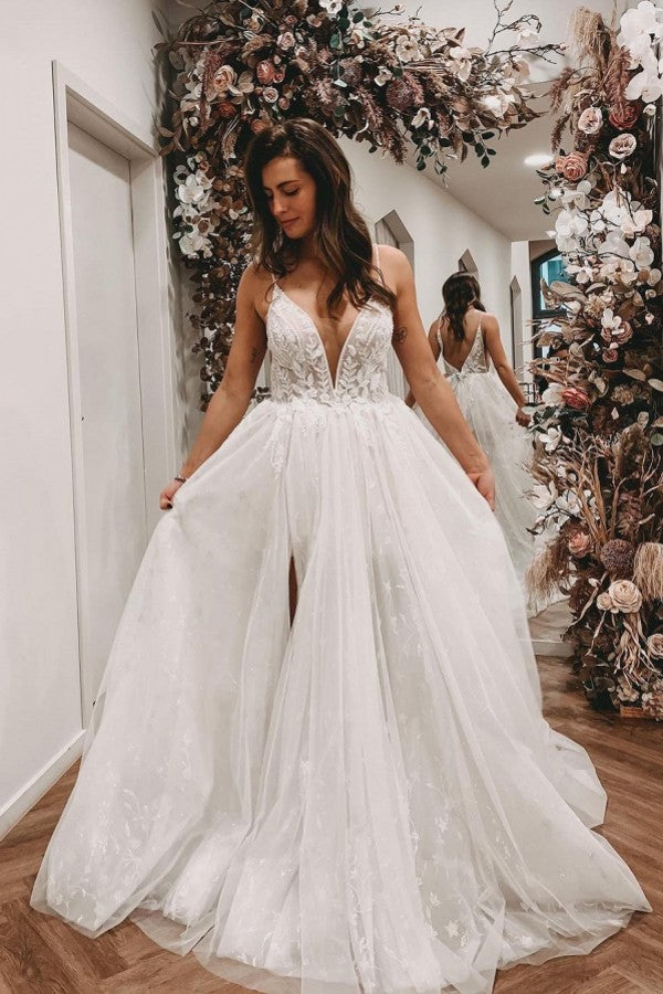 Long A-line V-neck Wedding Dress Open Back With Slit Lace Tulle BM bride