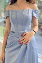 Dusty Blue Gorgeous Off the Shoulder Split Prom Dress With Pleated