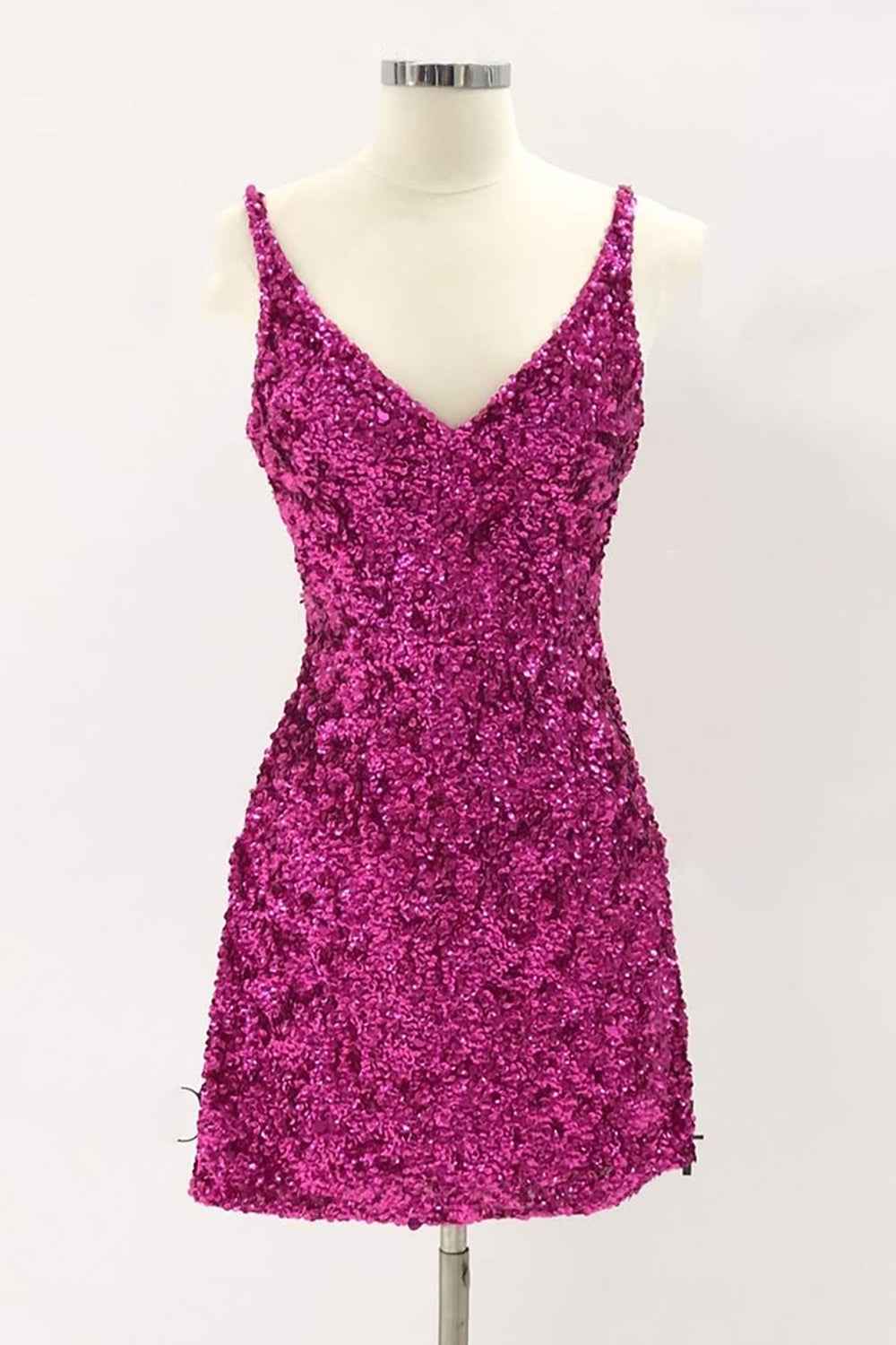 Sheath Spaghetti Straps Purple Sequins Short Cocktail Dress