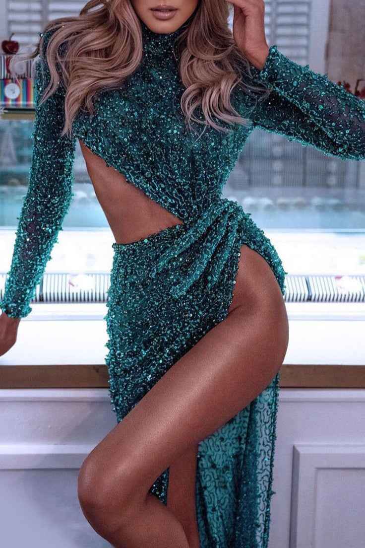 Chic Pool High Neck Long Sleeves Sequins Mermaid Prom Dress With High Split