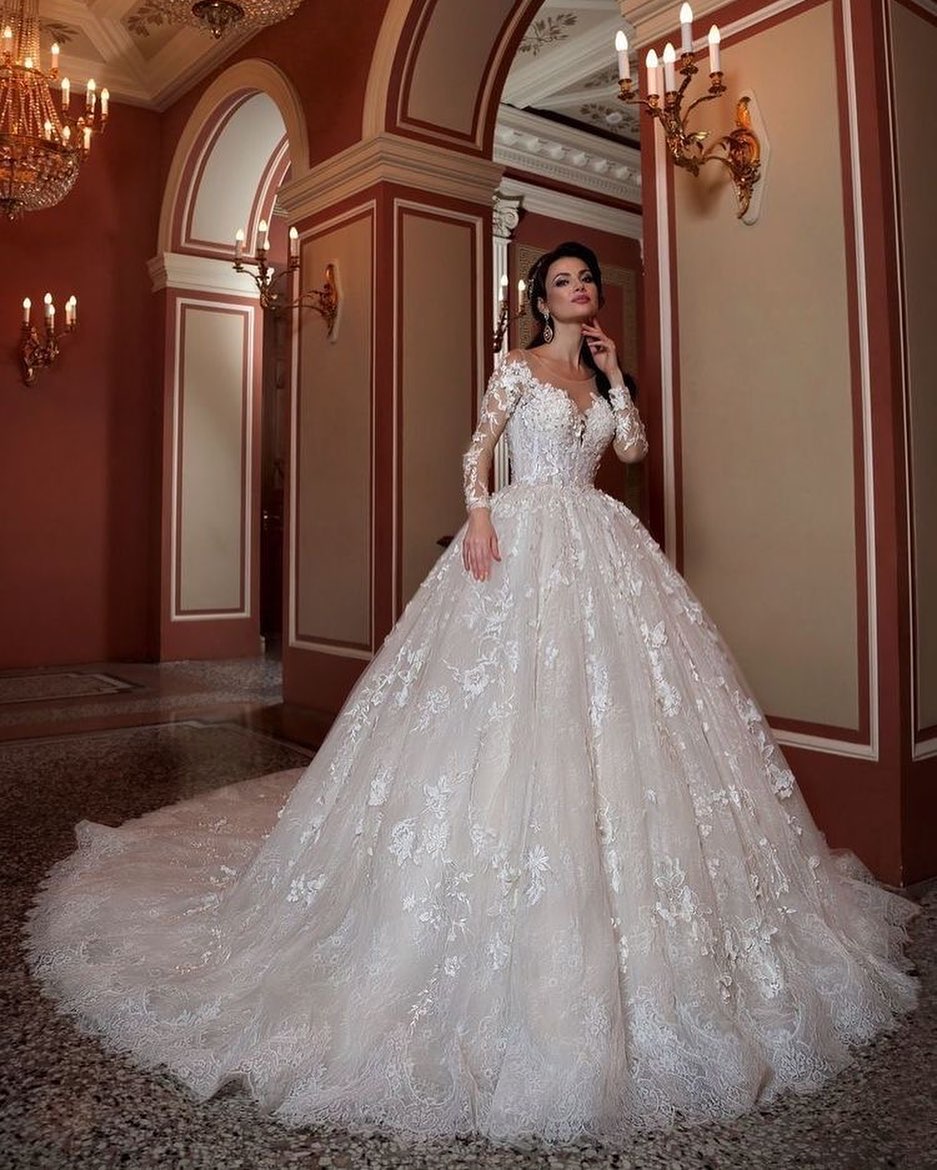 Attractive Long Sleeve Bateau Beaded Train Wedding Dress with A-Line Lace Appliques BM bride