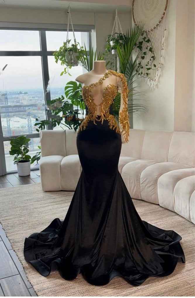 Black Sexy Elegant Embroidery One Shoulder Mermaid Long Prom Dress