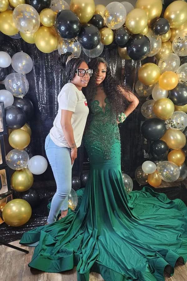 Emerald Green Mermaid Evening Dress with Appliques and Rhinestone BM bride