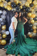 Mermaid Dark Green Sequins Ruffles Prom Dress Beaded With Appliques