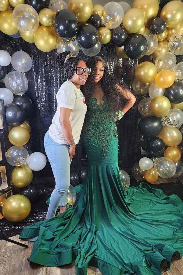 Stunning Dark Green Strapless Sleeveless Mermaid Beaded Prom Dress with Appliques