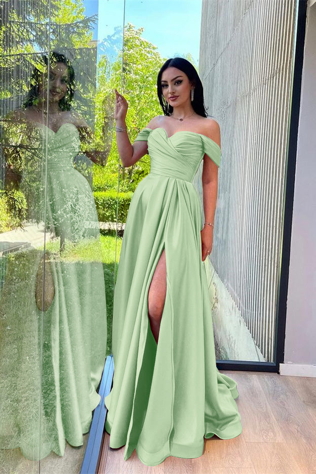 Glorious Dusty Pink Off-The-Shoulder Evening Front Split Prom Dress with Sweetheart Neckline BM bride