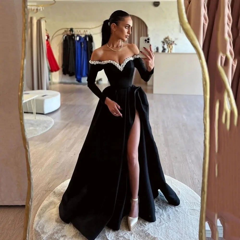Black Prom Dress Long A Line Pleated High Slit BM bride