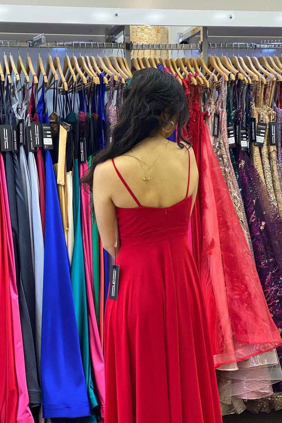 Long Spaghetti Straps Sleeveless Red A Line Prom Dress With Front Split
