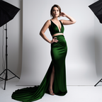 Prom Dress Simple Two Pieces V Neck Sleeveless Navy Blue Pleated