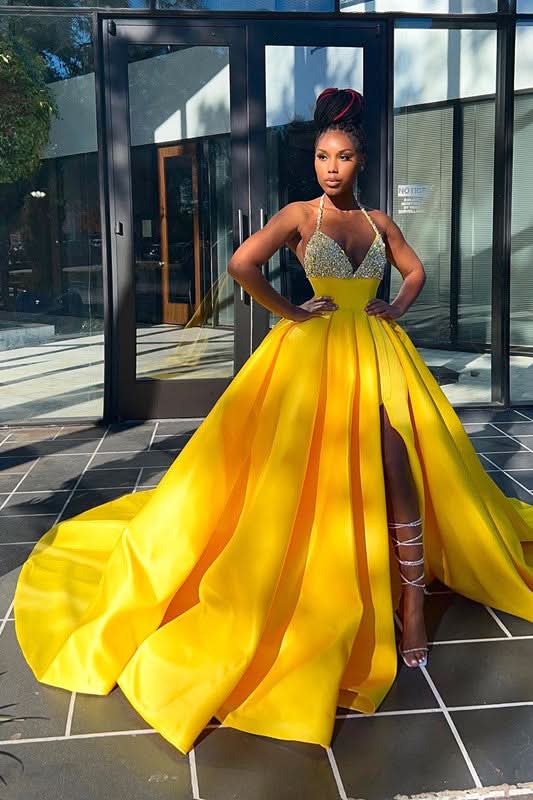 Yellow Halter V Neck Mermaid Evening Dress Long Pleated BM bride