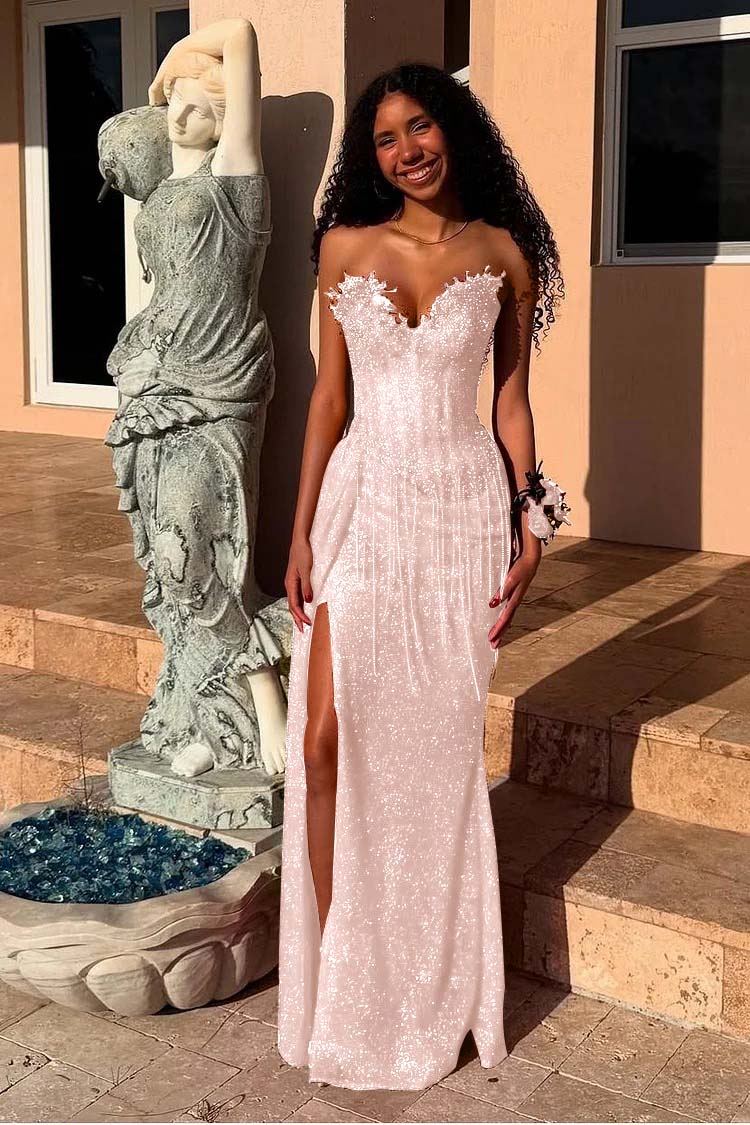 Red Strapless Sleeveless Long Mermaid Prom Dress With Sequins Split