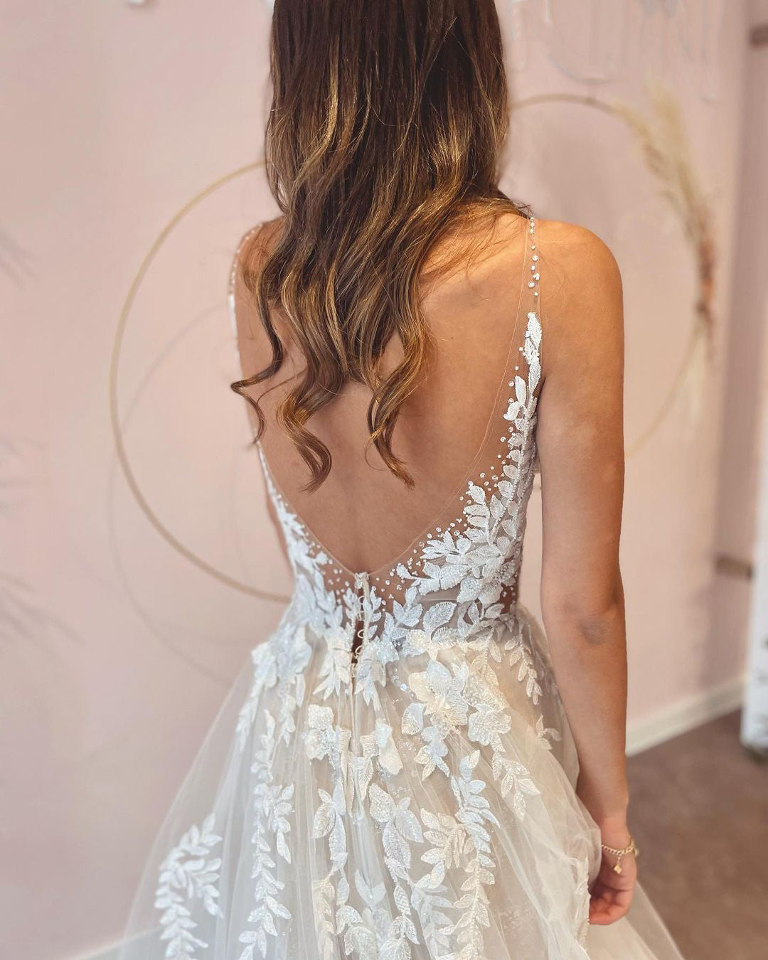A-Line Deep V-neck Backless Wedding Dress With Appliques Lace Tulle BM bride