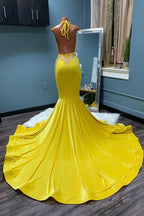Halter Daffodil Evening Dress with Appliques and Long Mermaid Style BM bride
