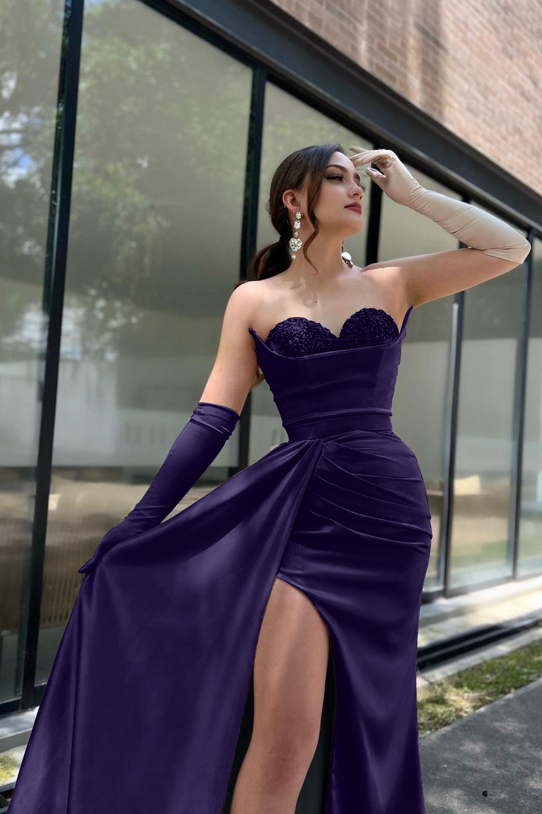 Prom Dress Sleeves Champagne Sweetheart High Slit With Gloves BMBRIDE