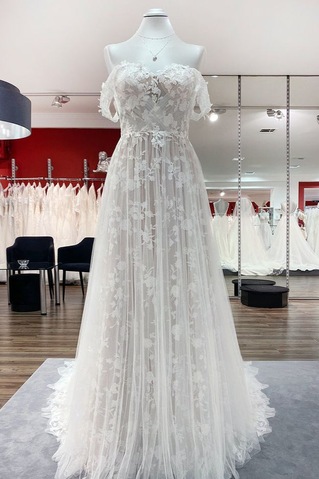 Sleeveless Off-the-Shoulder A-Line Wedding Dress with Ruffles and Tulle Lace Appliques BM bride