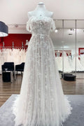 Sleeveless Off-the-Shoulder A-Line Wedding Dress with Ruffles and Tulle Lace Appliques BM bride