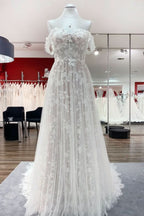 Sleeveless Off-the-Shoulder A-Line Wedding Dress with Ruffles and Tulle Lace Appliques BM bride