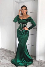Dark Green Off-the-Shoulder Long Sleeve Mermaid Prom Dress BM bride