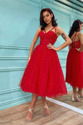 Red Spaghetti-Straps Tulle Prom Dress with Pearls BM bride