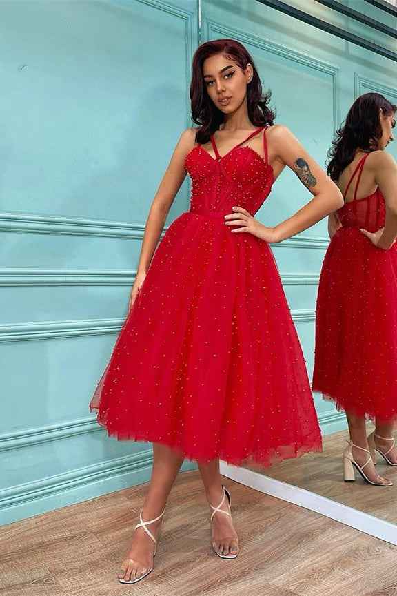 Tulle Red Spaghetti Strap Sweetheart Sleeveless Pearls Prom Dress On Sale
