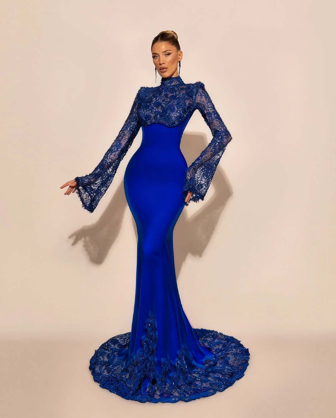 High Neck Lace Long Sleeves Long Mermaid Prom Dress With Pleated BMBRIDE
