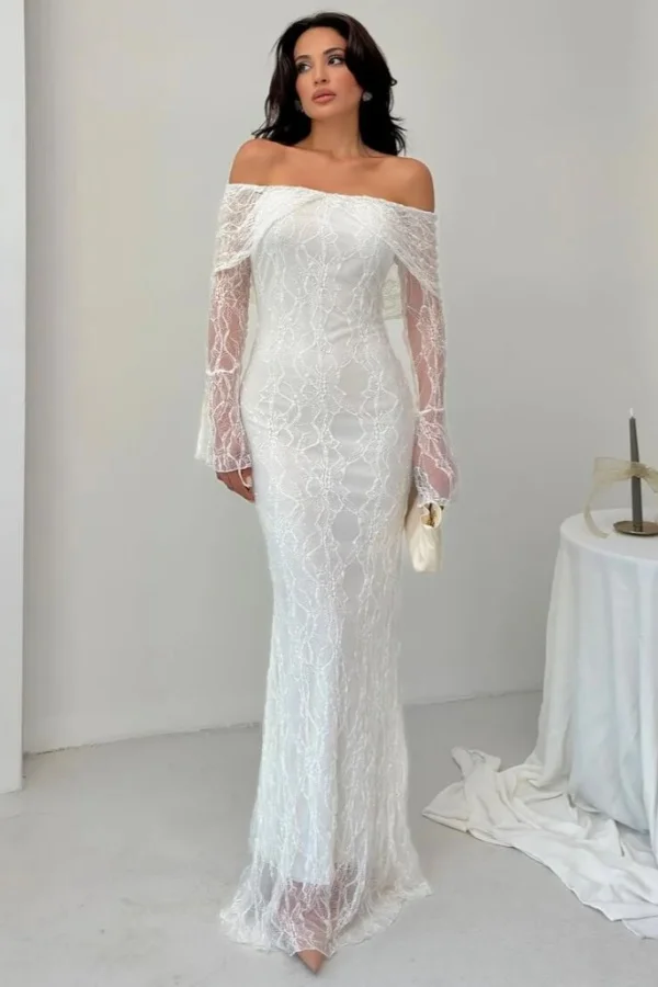 Off the Shoulder Long Sleeves Long Mermaid Prom Dress With Lace BMBRIDE