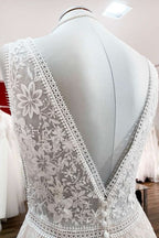 Beautiful Long Wedding Dress With A-Line Appliques Tulle Lace Open Back Design BM bride