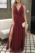 Chiffon Deep V Neck Sleeveless Burgundy Long Prom Dress With Front Split