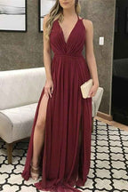 Chiffon Deep V Neck Sleeveless Burgundy Long Prom Dress With Front Split