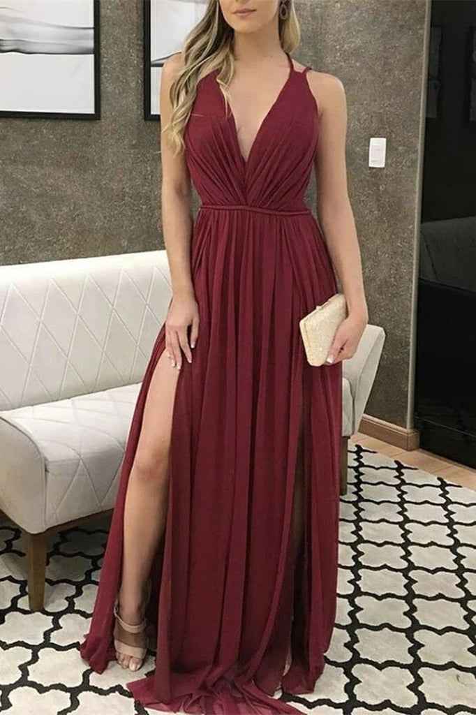 Chiffon Deep V Neck Sleeveless Burgundy Long Prom Dress With Front Split