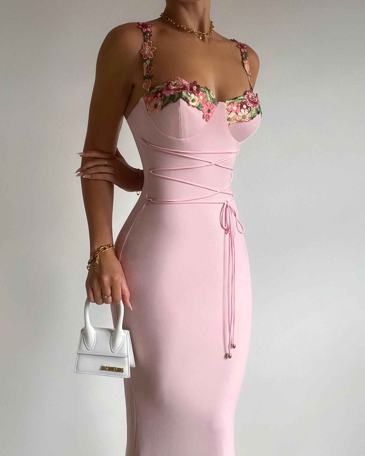 Charming Pink Appliques Sweetheart Spaghetti Strap Long Prom Dress