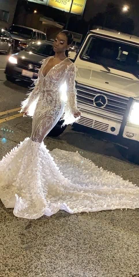 Long Sleeves Sexy Mermaid Prom Dress Sequins V-Neck BM bride