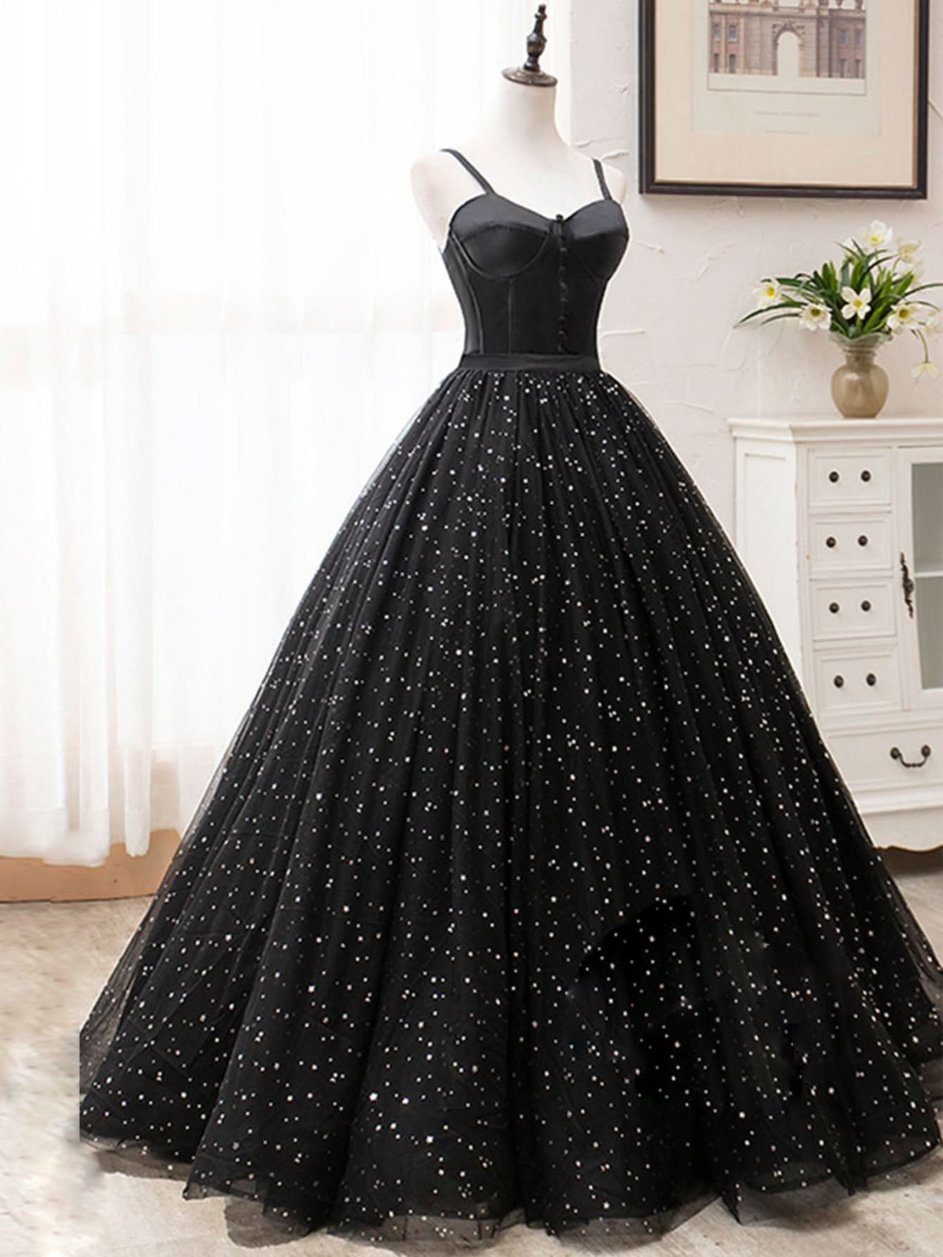 Dazzling V Neck Glitter Black Long Prom Dress BM bride