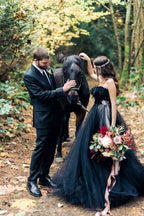 Black A-Line Strapless Tulle Long Wedding Dress with Lace Appliques BM bride