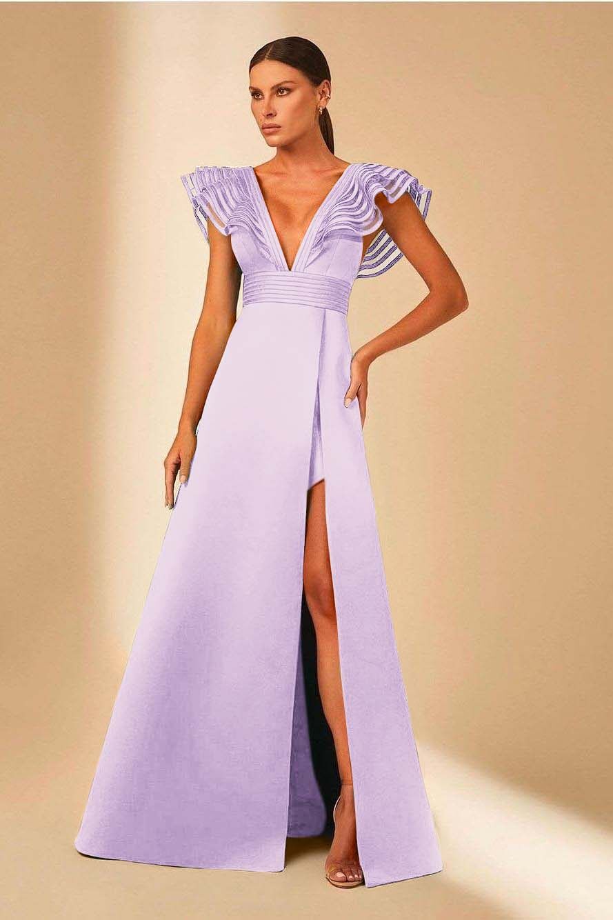 Deep V Neck Sleeveless A Line Long Prom Dress With Front Split