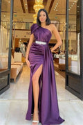 Dark Purple One-Shoulder Long Ruffle Mermaid Prom Dress with Belt BM bride
