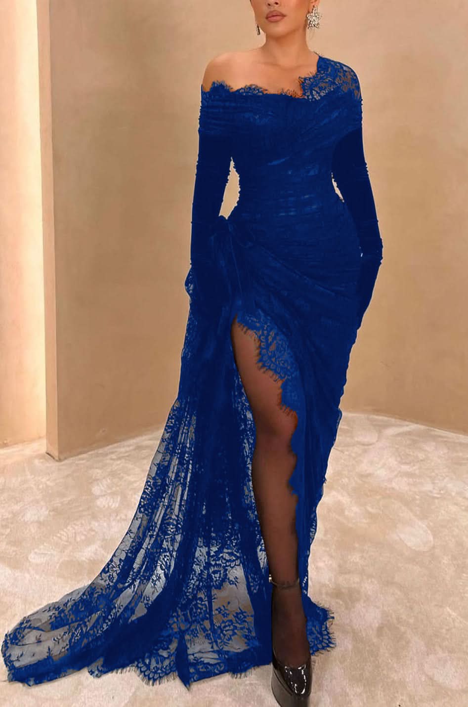 Elegant Black Lace Prom Dress with Asymmetric Design and High Slit Gloves BM bride