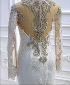 Bateau Long Sleeve Pearl and Sequin Mermaid Wedding Dress with Lace Appliques and Beadings BM bride