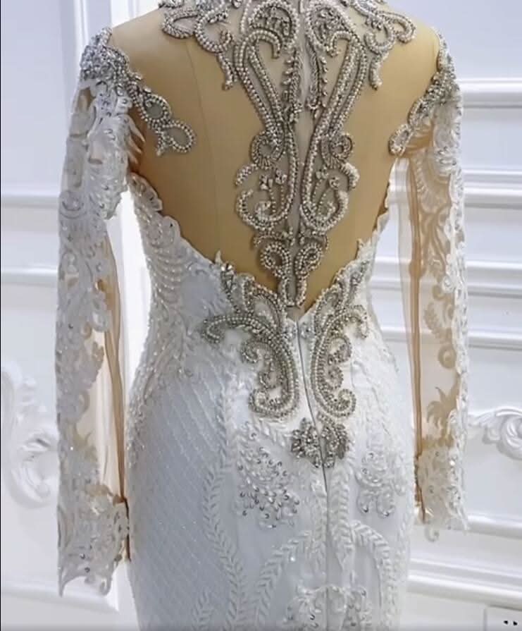 Bateau Long Sleeve Pearl and Sequin Mermaid Wedding Dress with Lace Appliques and Beadings BM bride