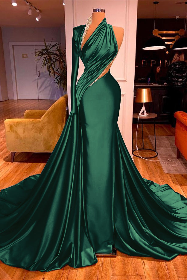 One Shoulder Long Beading Prom Dress Mermaid With Long Sleeve BMBRIDE