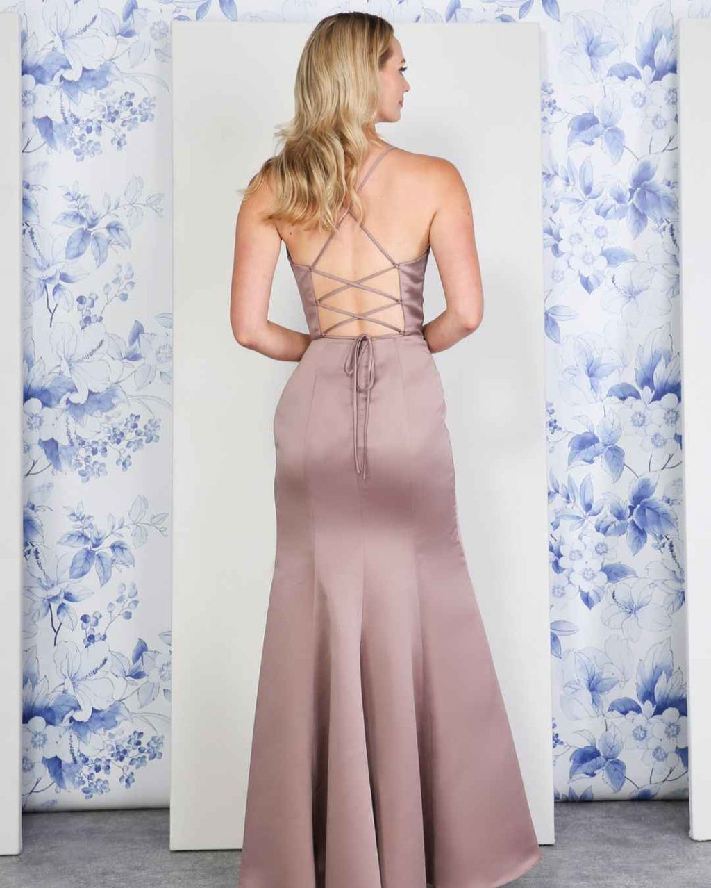 Satin Lace-up Back With High Split Sleeveless Spaghetti Strap  Prom Dress