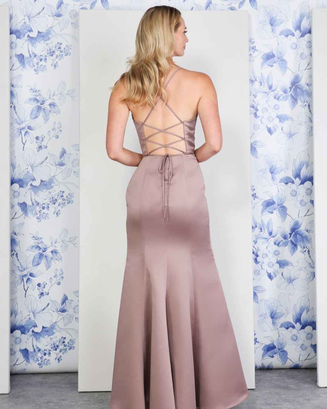 Satin Lace-up Back With High Split Sleeveless Spaghetti Strap  Prom Dress