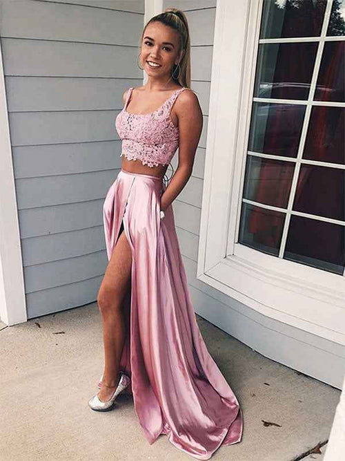 Pink A Line Lace Two Pieces Long Prom Dress with Slit BMBRIDE
