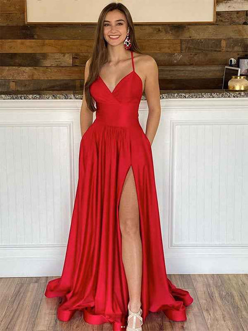 Red A Line Spaghetti Straps V Neck Satin Long Prom Dress with Slit BMBRIDE