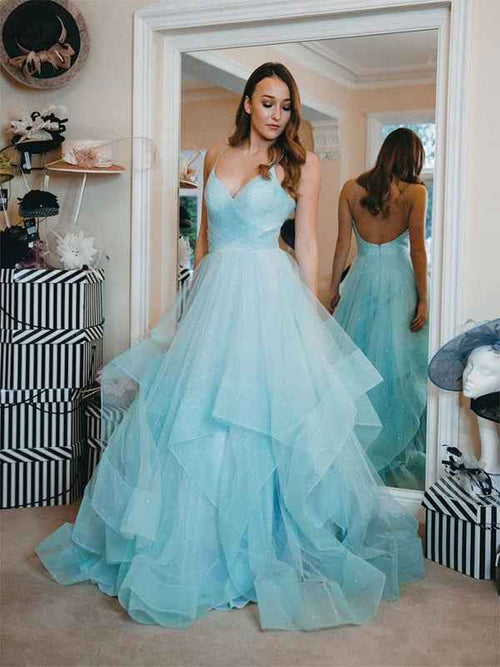 Blue A Line Spaghetti Straps V Neck Tulle Long Prom Dress BMBRIDE
