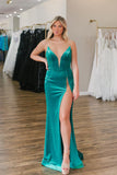 Beautiful Lake Green Velvet Strapless Long Prom Dress with Slit BM bride