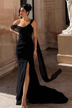 Black One Shoulder Sleeveless Split Mermaid Long Ruffles Prom Dress