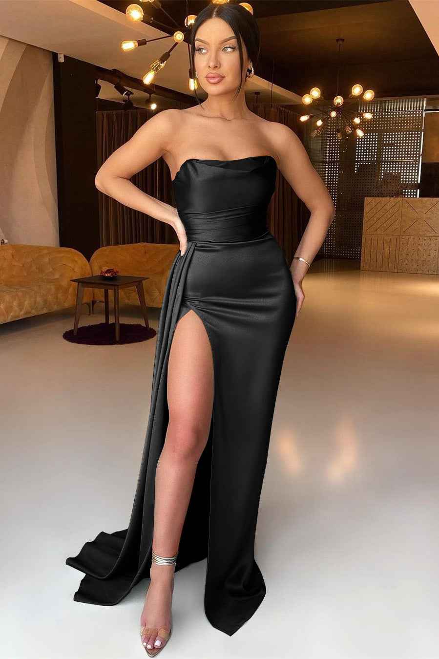 Dusty Sage Sleeveless Mermaid Strapless Prom Dress Elegant Split With Ruffles