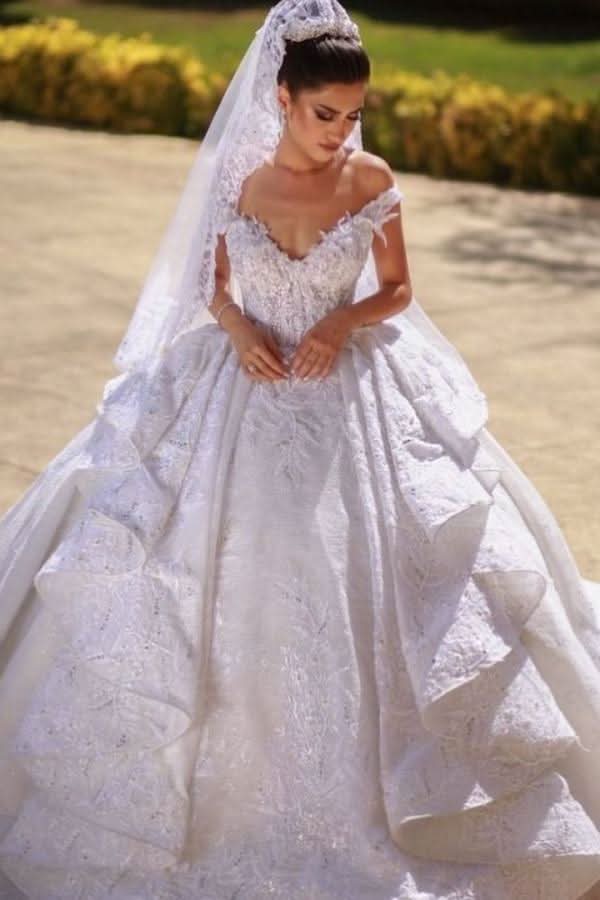 Off The Shoulder Ball Gown Wedding Dress With Pleated Tulle Ruffles BM bride